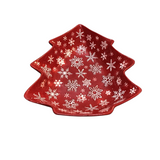 CERAMIC EMBOSSED SNOWFLAKE CHRISTMAS TREE DISH HOLIDAY DECOR RED/WHITE 11"