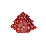CERAMIC EMBOSSED SNOWFLAKE CHRISTMAS TREE DISH HOLIDAY DECOR RED/WHITE 9"
