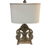 WITH CARVED SCROLL BASE/OVAL FABRIC SHADE LAMP/LIGHTING DISTESSED GOLD/WHITE 32H