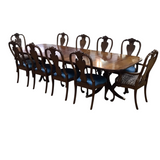 ETHAN ALLEN TABLE/2 LEAVES/TABLE PAD/10 CHAIRS DINING ROOM SET MAHAGONY 29.5H X 74L X 46W