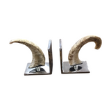 METAL BOOKENDS WITH RAMS HORN (ret. $169.00) HOME DECOR SILVER 7.5H