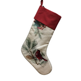 EMBROIDERED CARDINAL STOCKING HOLIDAY DECOR CREAM/RED/GREEN 18.5"