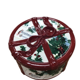 WILLIAMS SONOMA COOKIE JAR CONTAINER "VINTAGE CHRISTMAS POSTCARD" DINNERWARE RED/WHITE/GREEN 5H X 10" DIAM..