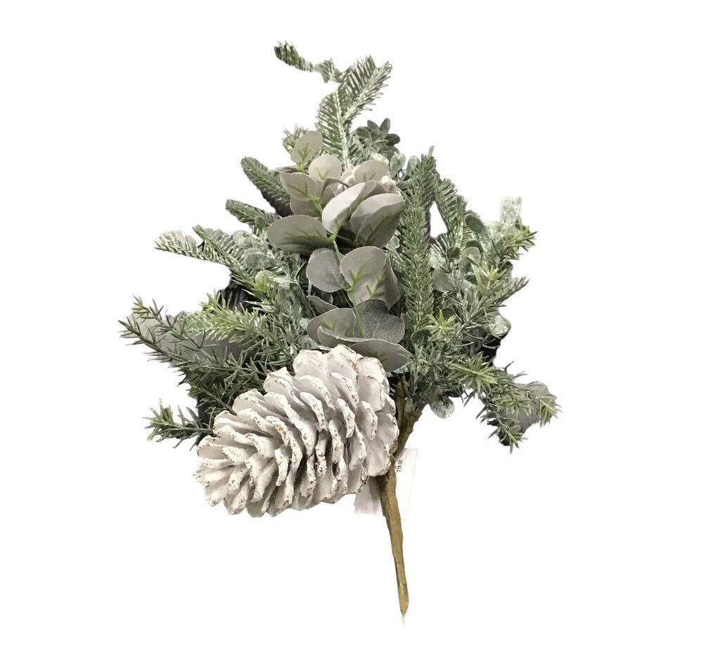 GLITTERED MIXED PINE EUCALYPTUS STEM WITH PINECONES HOLIDAY DECOR SILVER 28"