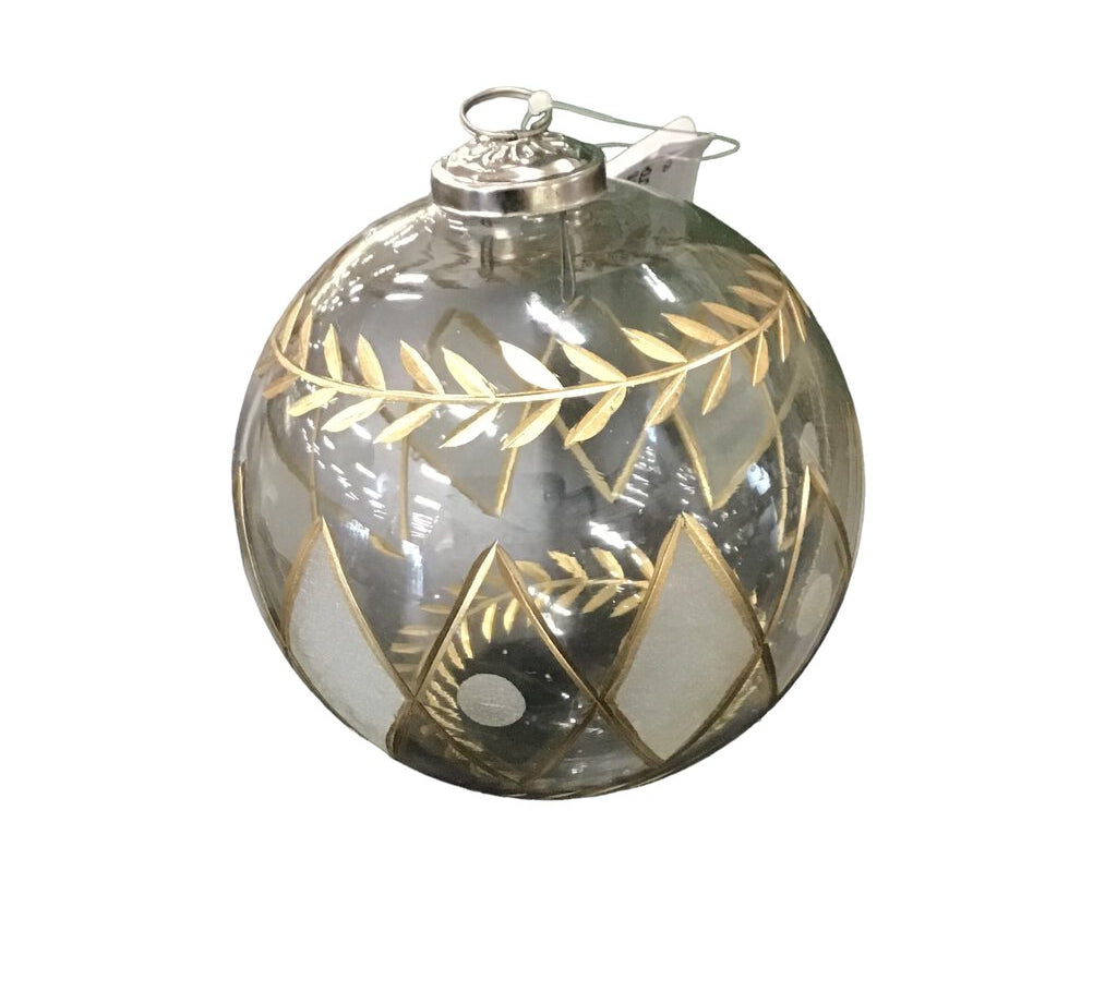 GILDED LEAF ETCHED CLEAR GLASS ORNAMENT HOLIDAY DECOR GOLD 3.5"