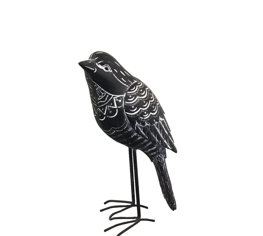 WITH WHITE DETAIL BIRD /LONG METAL LEGS HOME DECOR BLACK 9.5"