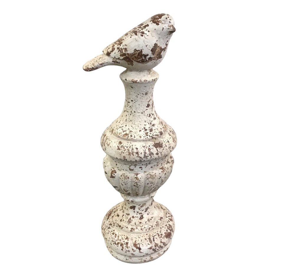 WHITEWASHED RESIN FINIALS WITH BIRD TOPS HOME DECOR 10.75"