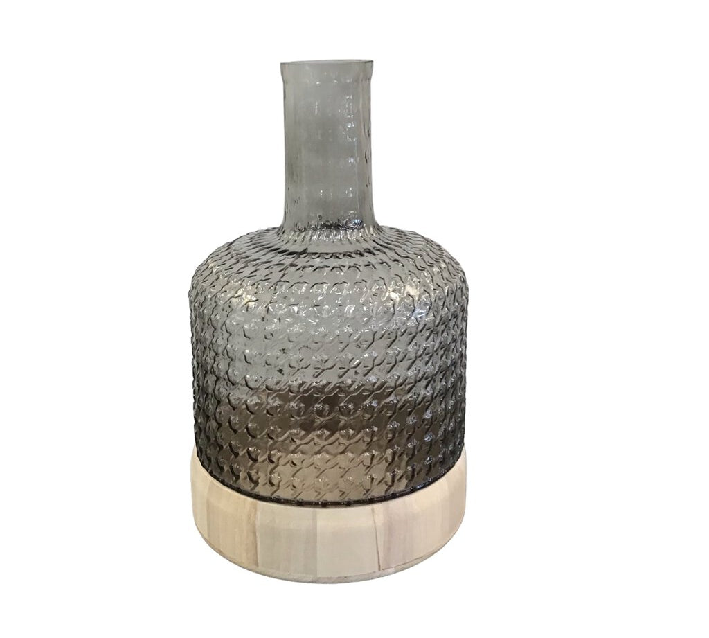 TEXTURED GLASS VASE WITH WOOD BASE HOME DECOR GRAY 11.5"